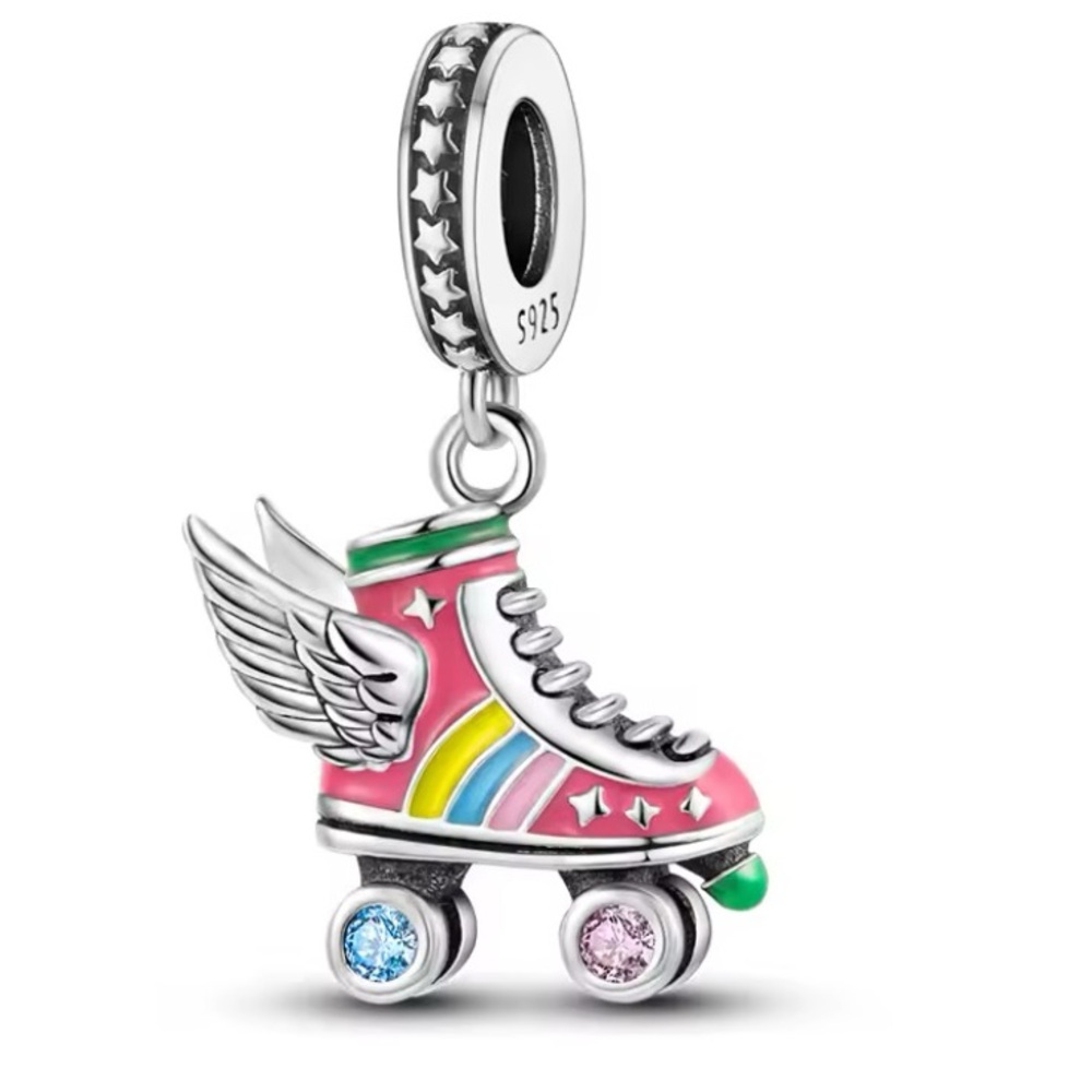 Pandora 925 Sterling Silver Colorful Roller Skate Charm Pendant with Wings
